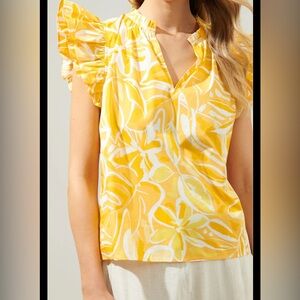Brand New SugarLips Dayglow Tropics Risette Ruffle Cap Sleeve Split Neck Top